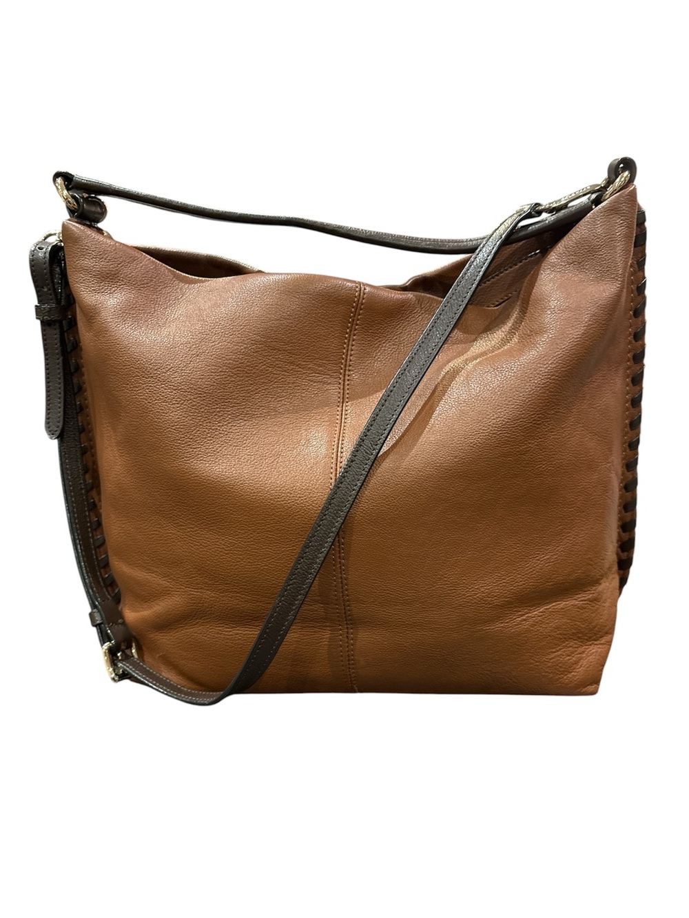 Cole Haan Tan Leather Hobo Shoulder Bag with dark brown stitching on sides - Picture 8 of 9